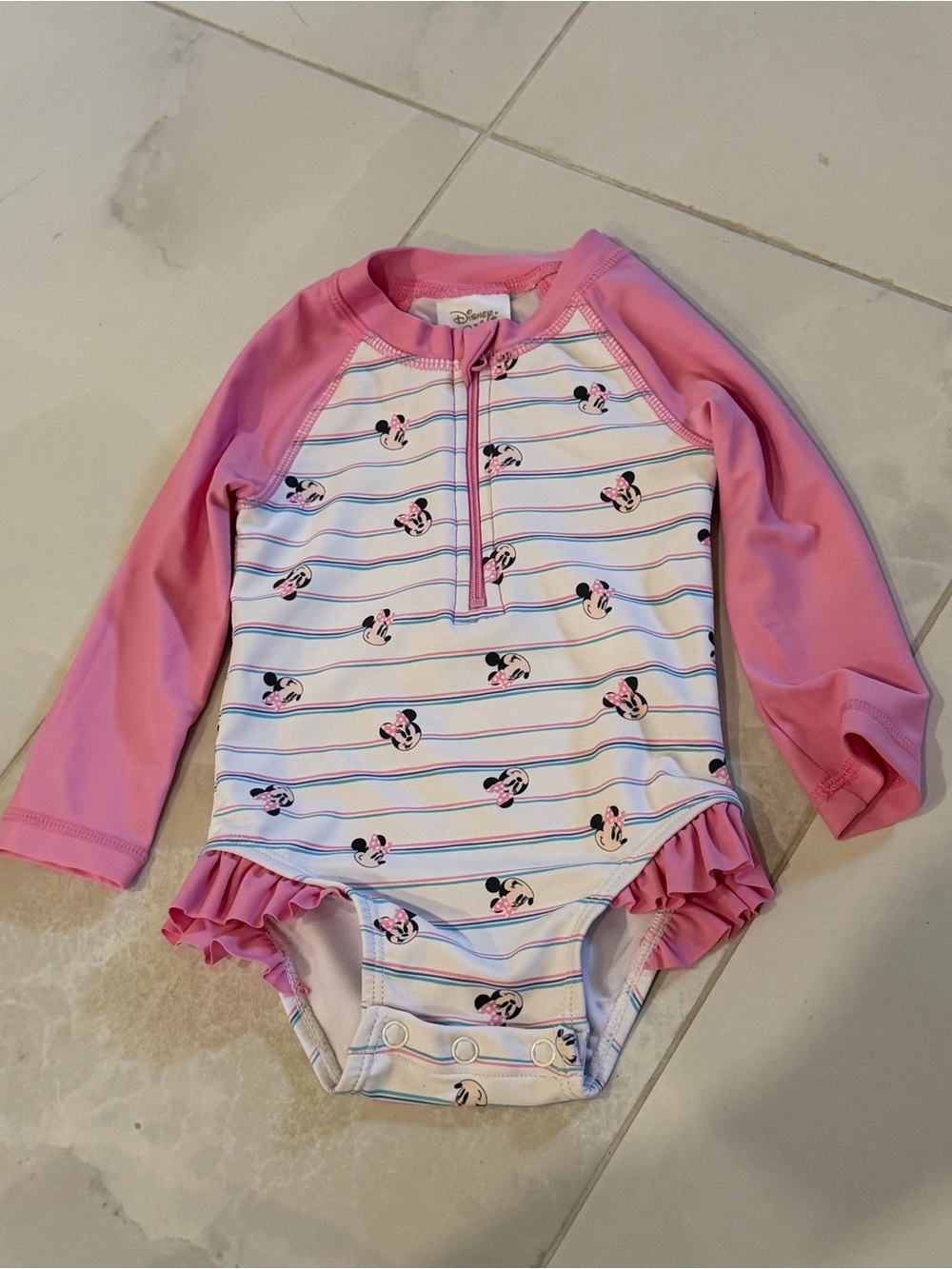 Disney Minnie Mouse Pink Long-Sleeve Rash Guard One-Piece Swimsuit